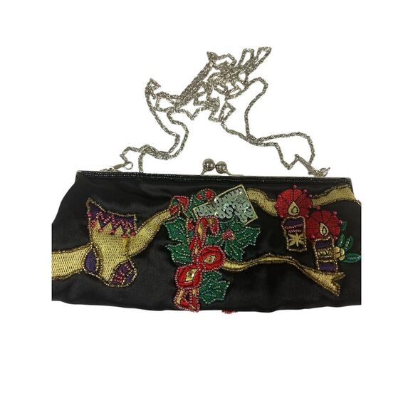 Beaded Christmas Clutch Multicolor Party Bag w/ Chain Strap